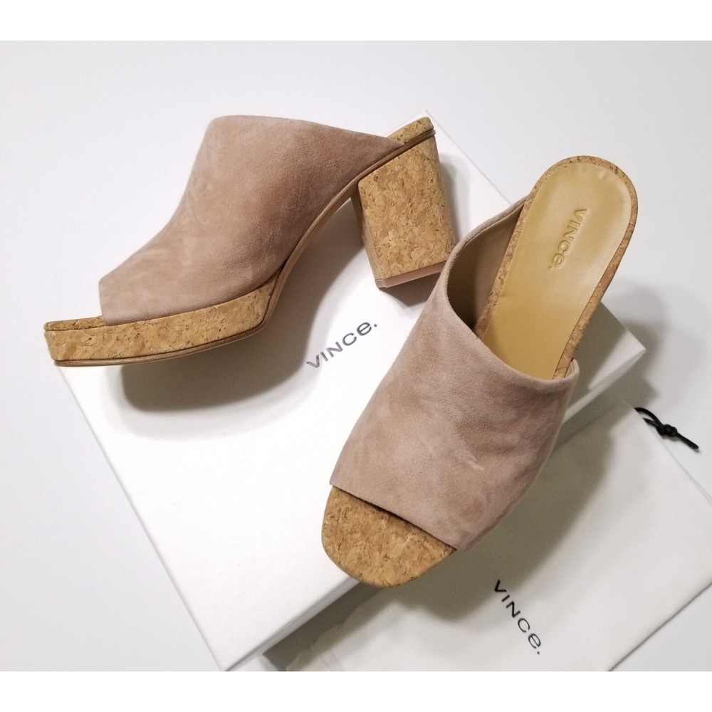 NIB Vince Wyatt Suede Cork Block Heel Platform Slide Sandals Oatmeal 9.5 $325